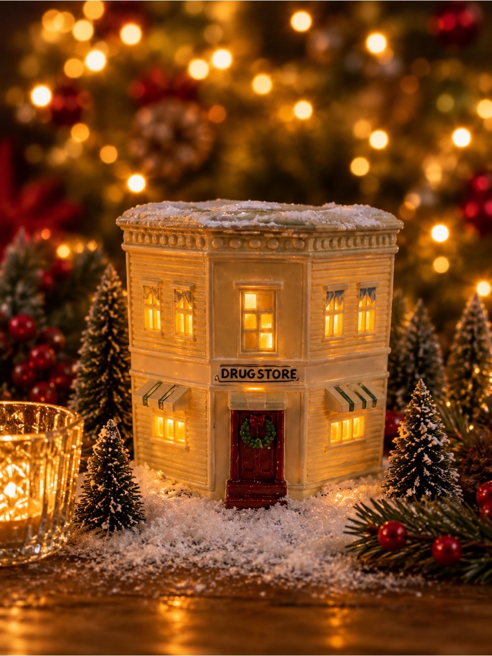 Lighted Ceramic Christmas Village Drug Store Corner Building